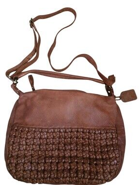 Brown Leather Crossbody Bag With Shoulder Strap, Beautiful Woven Detail, Pockets